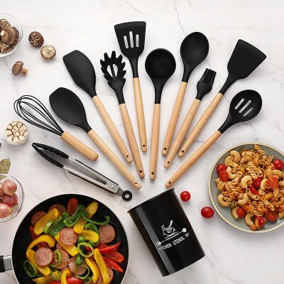 12 unids/set Color utensilios de cocina de silicona conjunto de madera de mango palo de utensilios de cocina espátula SpoonKitchen utensilios de cocina Gadgets: Black