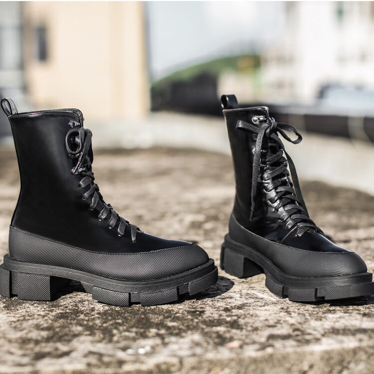 Hokszvy dameslaarzen laarzen plateauschoenen hoge schoenen dikke hak halfhoge veter enkellaarsjes jxq -108-1