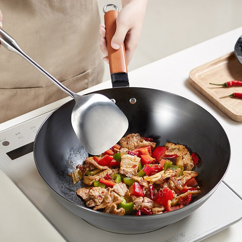 Wok-sartén antiadherente de hierro fundido hecho a mano, utensilio de cocina tradicional de china, con mango de madera
