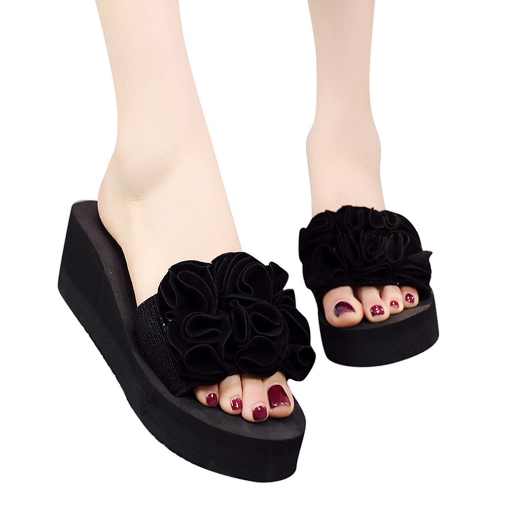 Bohemian Style Flower Thick Soles Slippers Summer Sandalias Non-slip Beach Shoes Home Wedges Slippers Women Zapatos De Mujer: Black / 36