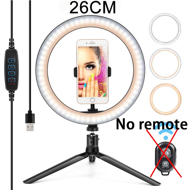 10 '' rgb selfie ring lys med stativ stander og telefonholder dæmpbar led bord cirkel lampe med 10 farver bærbare halo lys: Ingen fjernbetjening