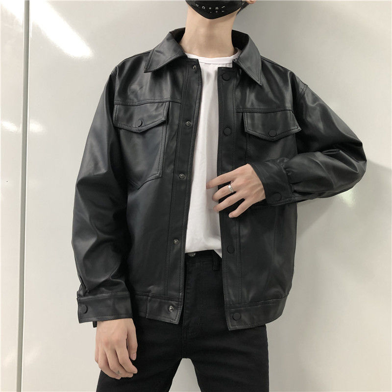 Chaqueta de cuero negro coreano para hombre, chaquetas de motocicleta con solapa a la , ropa de calle, Cazadora Bomber holgada de Hip-hop, M-2XL: Black / M