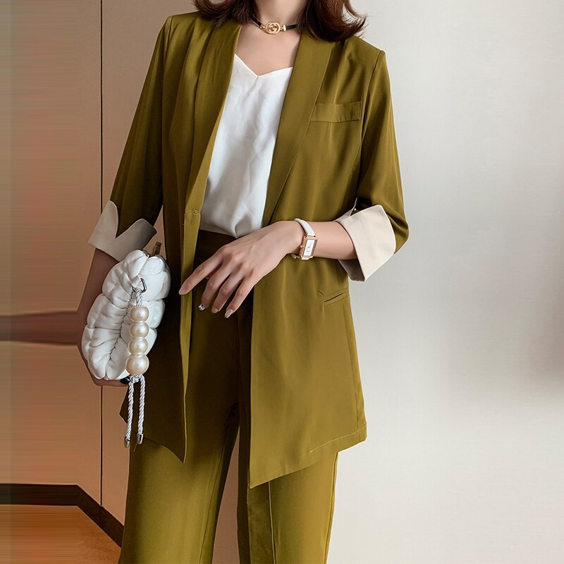 Summer Spring Women Lace Up Pant Suit Notched Blazer Jacket & Wide Leg Pant Office Wear Suits Female Sets Plus Size 5XL