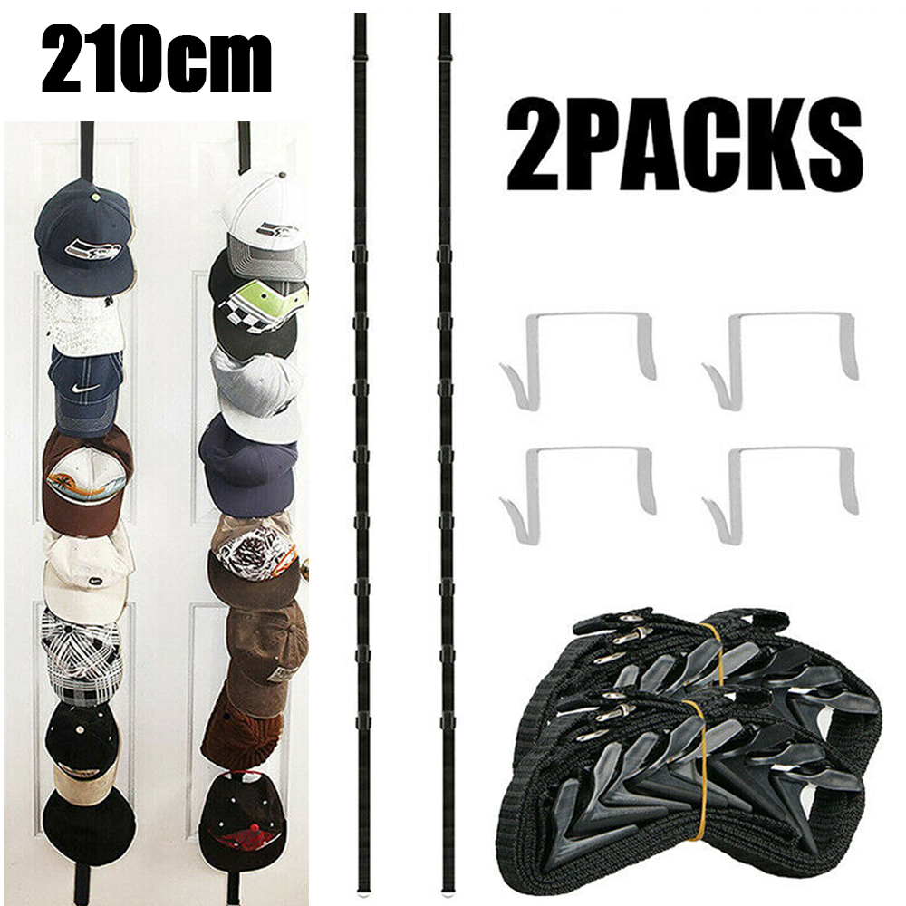 2 stk skap hengende lokk organizer justerbar lokk stativ skap henger system oppbevaring 7 kroker dør baseball hatteholder stripe svart