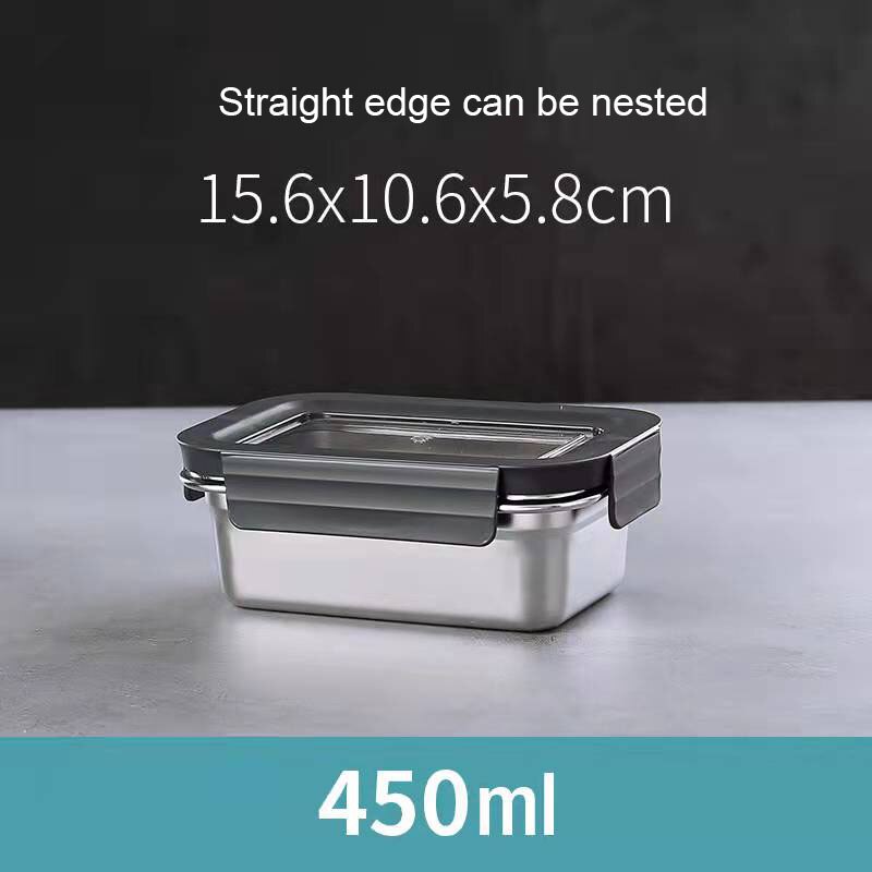 304 Stainless Steel Food Preservation Box Refrigerator Crisper Set Fruit Sealed Box Lunch Box Table Freezer Box Tableware: 450ml
