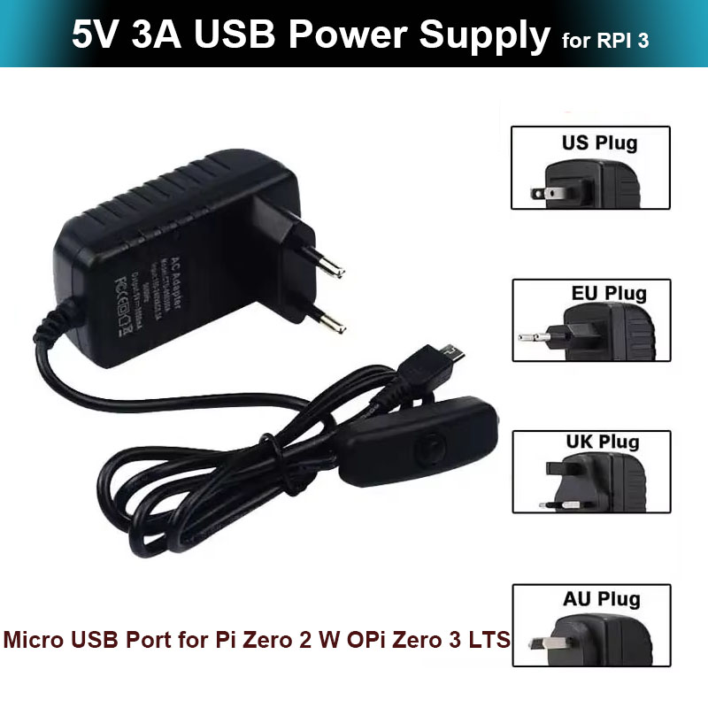 5V 3A Raspberry Pi 3B+ 3B Power Supply AC Switch Button Power Adapter Micro USB Port for Pi Zero 2 W Orange Pi Zero 3 LTS