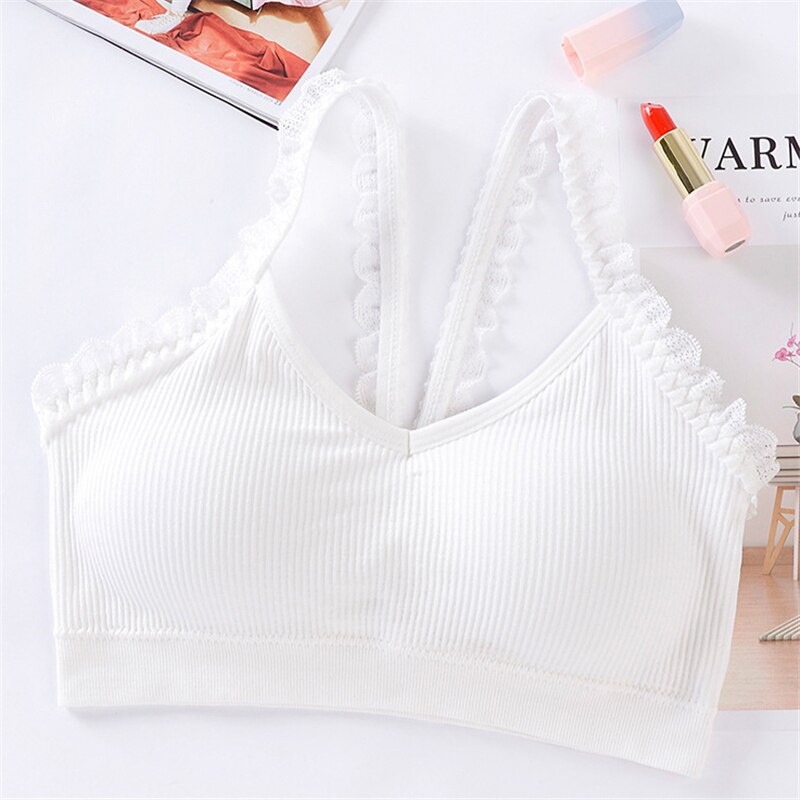 Lace Beauty Back Bra Thread Wrap-around Strapless Bralette Wire Free Chest Pad Sports Brassiere: White