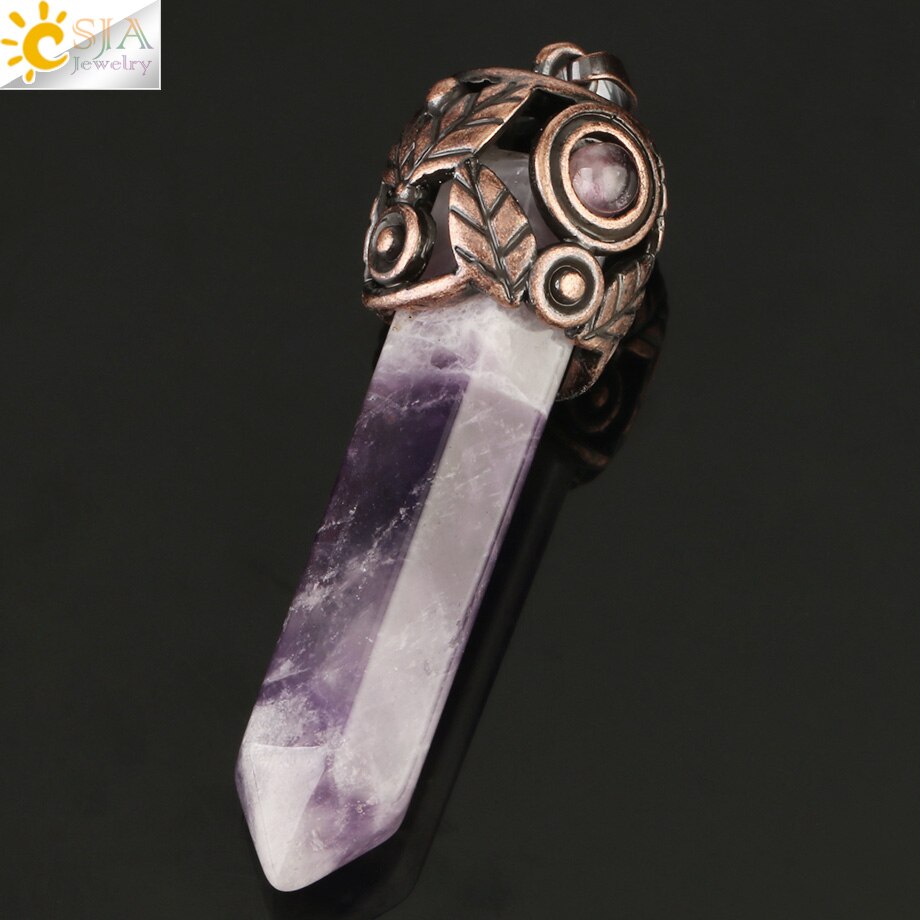 CSJA Naturale Pietra di Cristallo Pendenti con gemme e perle Rosso Antico di Rame Esagonale Colonna Pendente di Energia Femminile Degli Uomini Collane Dei Monili Dell'annata G178: Amethyst