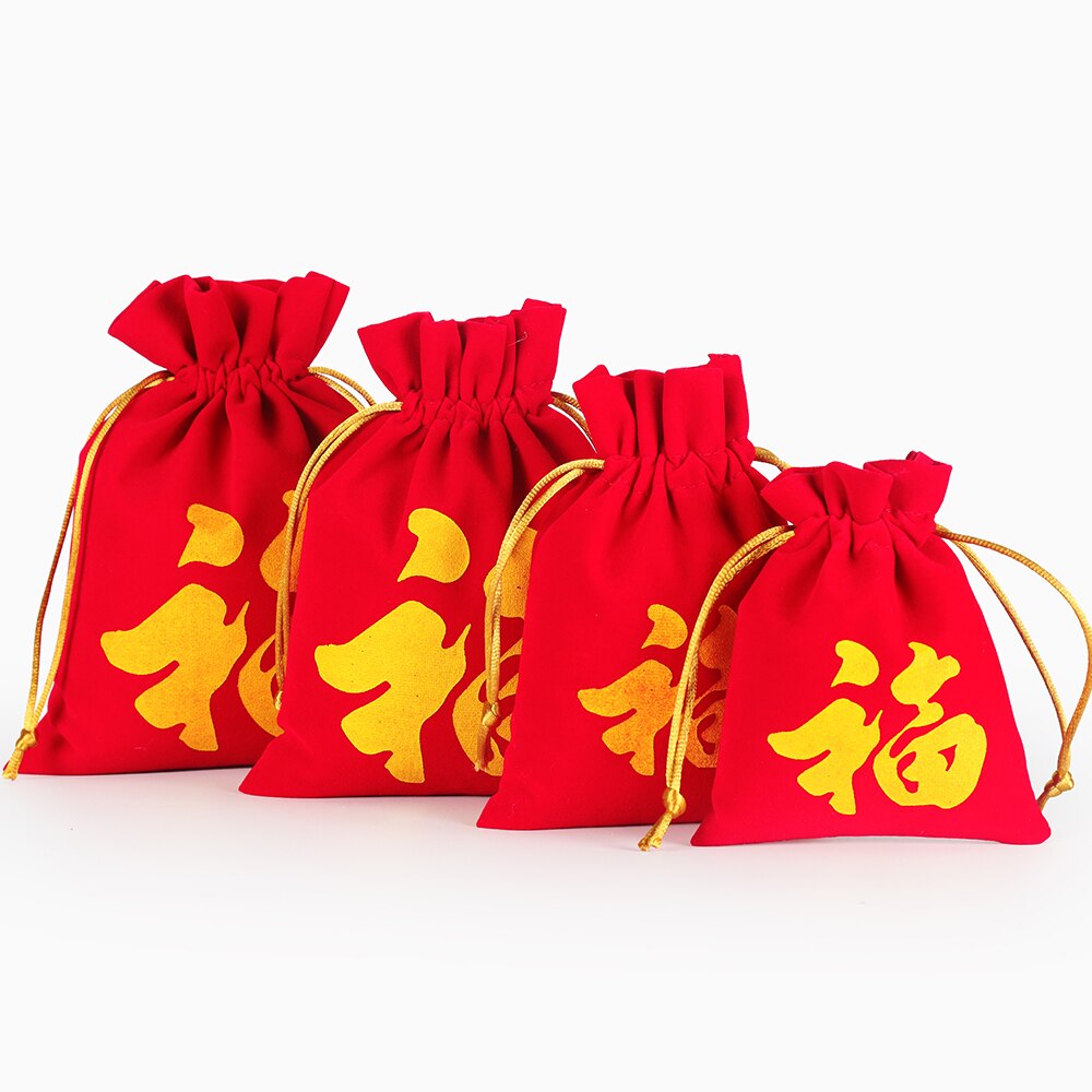 20pcs/lot 10x12, 11x15, 14x18, 16x20 cm Chinese Fu Red Velvet Drawstring Bags Year Decor Favors Christmas Package Pouch