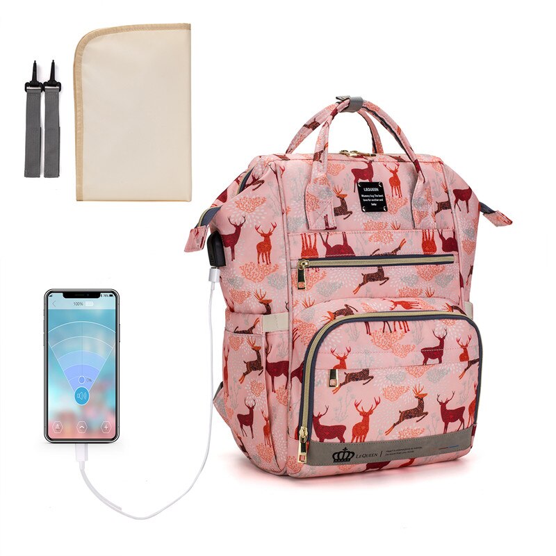 Lequeen – sacs à langer pour maman, sac à dos de voyage à motif animal, grande capacité, mise à jour, USB, LPB29: LPB29-deerpink(U2GP)