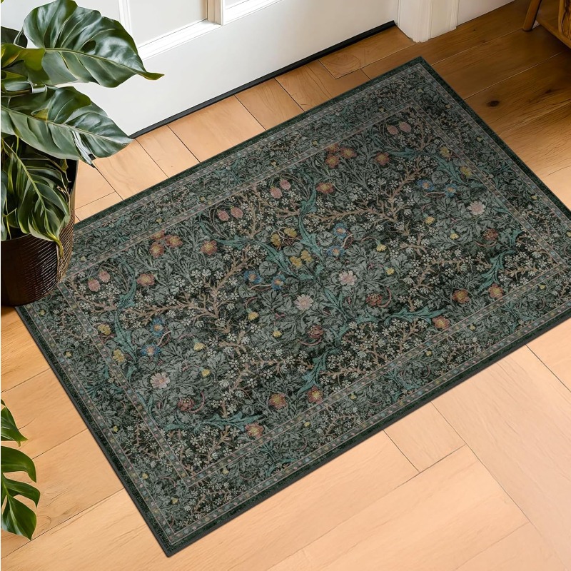 Alfombra de entrada lavable de color verde oscuro, alfombras para puerta delantera, alfombras pequeñas para baño interior, alfombra fina Floral Vintage para decoración bohemia de cocina