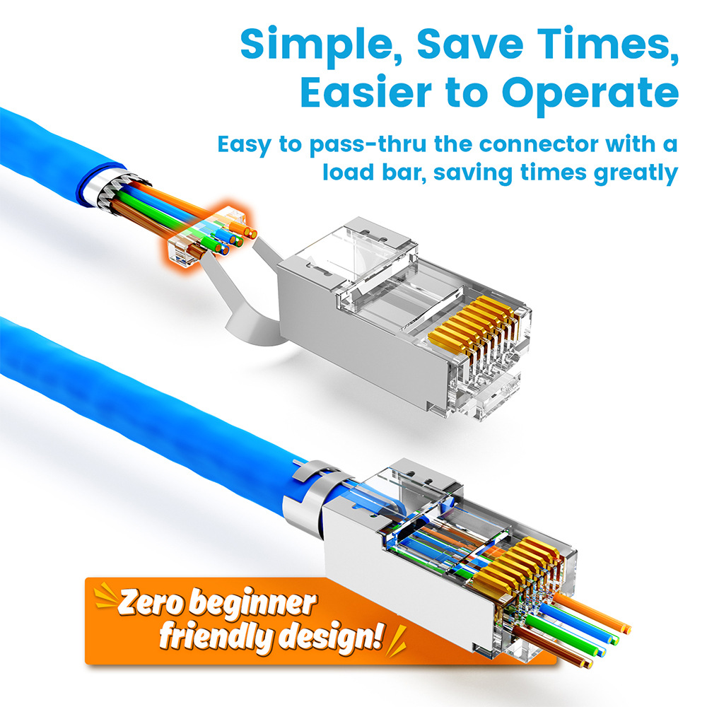 AMPCOM CAT7 RJ45 Connector, Pass Through CAT6A rj 45 Ethernet Plug for CAT 7 Solid or Stranded Network Cable with 1.5mm Load Bar