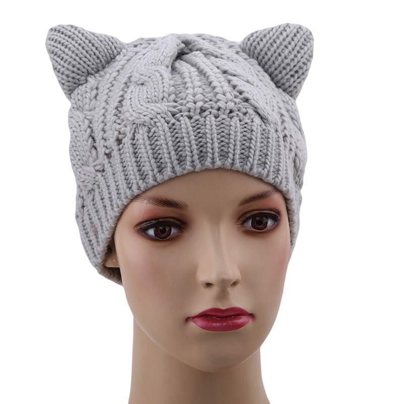 Gorro con orejas de gato y cuernos de diablo para mujer, gorra tejida a ganchillo, gorros de lana tejidos a la , gorros cálidos para invierno y otoño: Gray