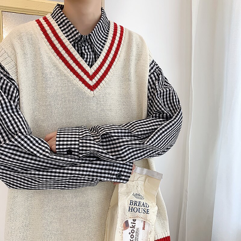 Herr tröja väst v-hals print lösa trendiga harajuku män student fritid chic sida split enkla outwear varm mjuk