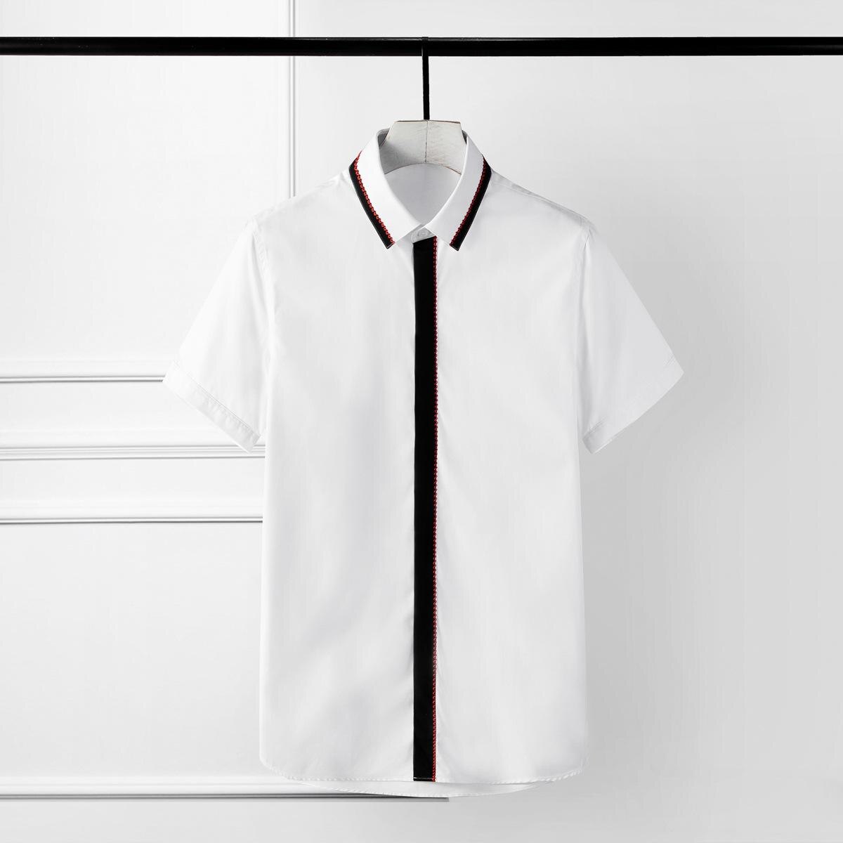 Minglu sort hvid splejsning herreskjorter kontrastfarve broderi kortærmede herre kjole skjorter plus størrelse 3xl 4xl festskjorter mand: L