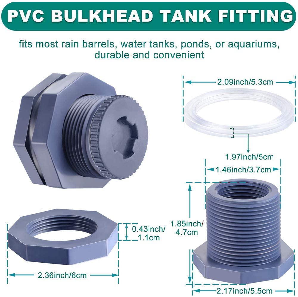 2 Pack PVC Bulkhead Fitting with Plugs for Rain Barrels, Water Tanks, Tub, Pools (3/4 Inch with 4 mm Thick Silicon Seal Gaskett)