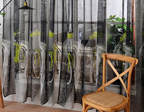 Cortinas de tul transparente de tela de lino y algodón suave para ventana de bicicleta de dormitorio, cortinas para cocina, cortinas de tul, 1 ud.: yellow green bicycle / w100  x  h270cm