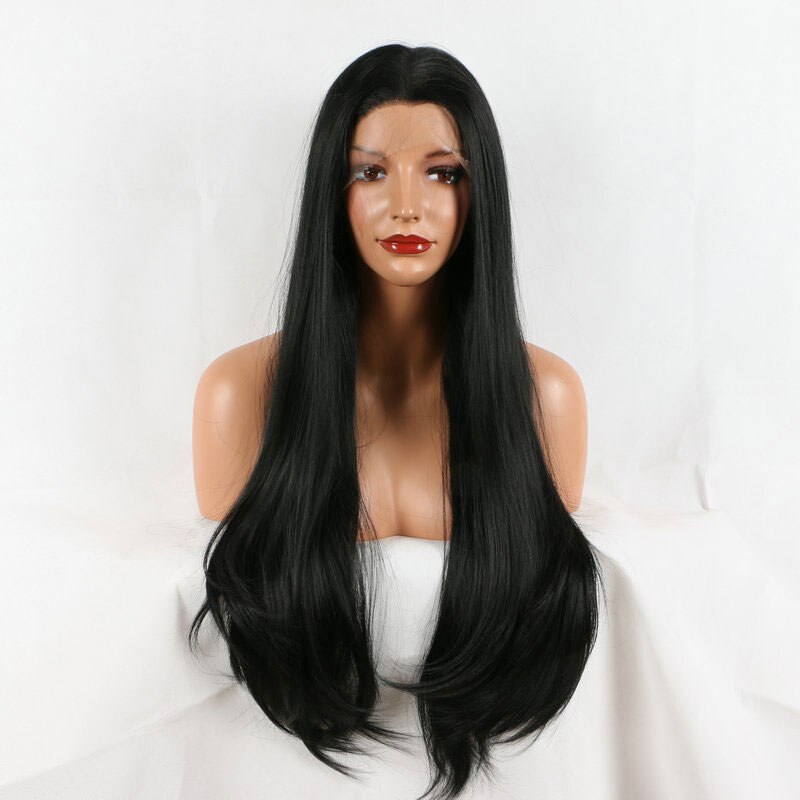 Pelo sintético liso negro sedoso de Bombshell, peluca con malla frontal, pelo de fibra resistente al calor sin pegamento, línea de pelucas de pelo Natural para mujer