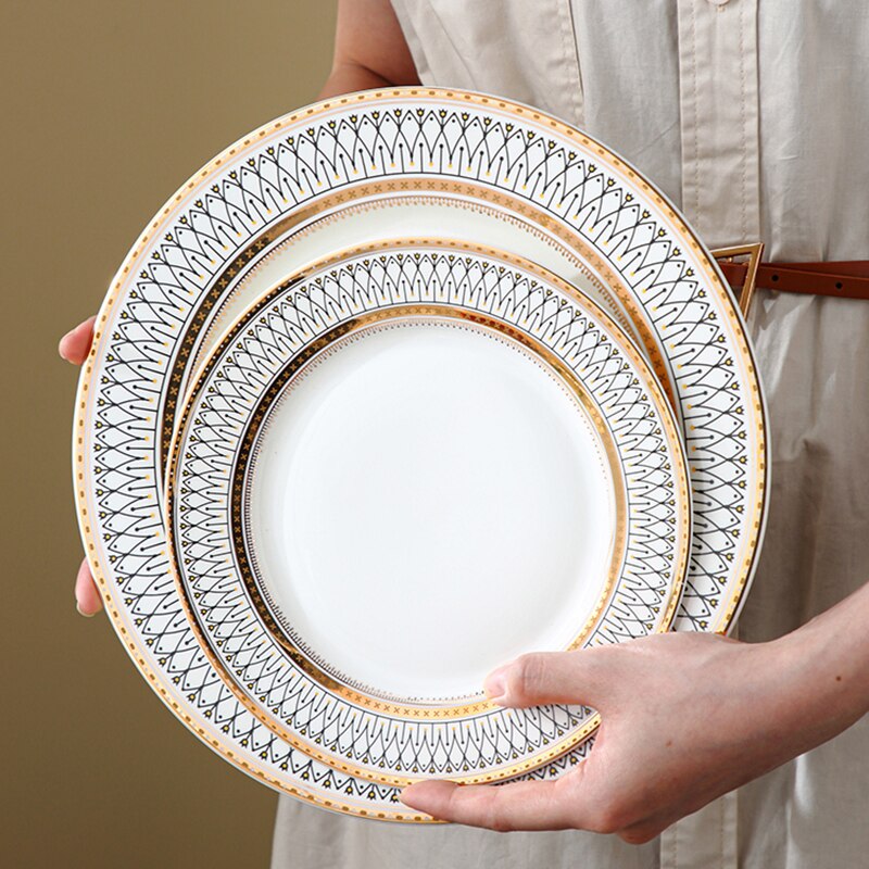 Food Ceramic Luxury Plate Set Christmas Restaurant Gold Breakfast Plates Dinner Serving Europen Platos De Cena Tableware DL60PZ