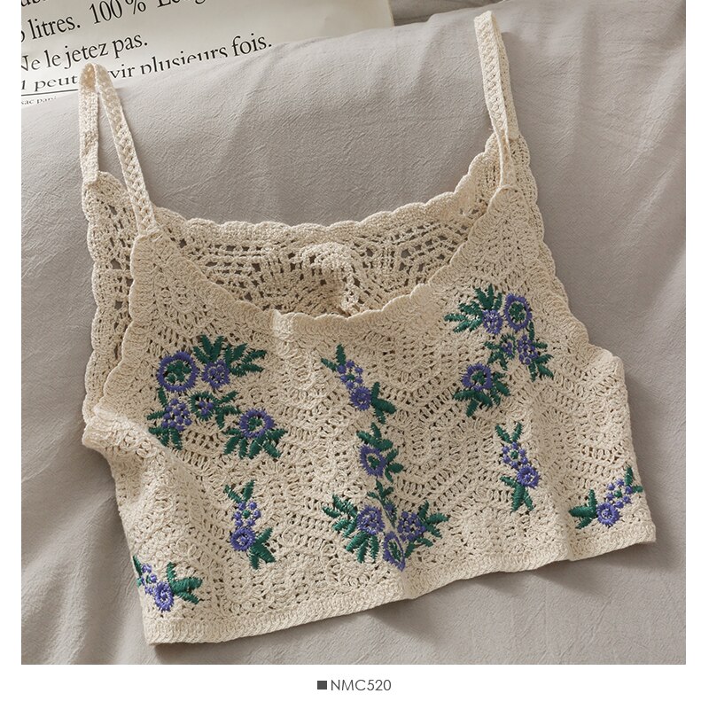 Neulotut crop topit spagettiolkaimet toppi kirjailtu cami hollow perspektiivi slim fit camisole hihattomat ins