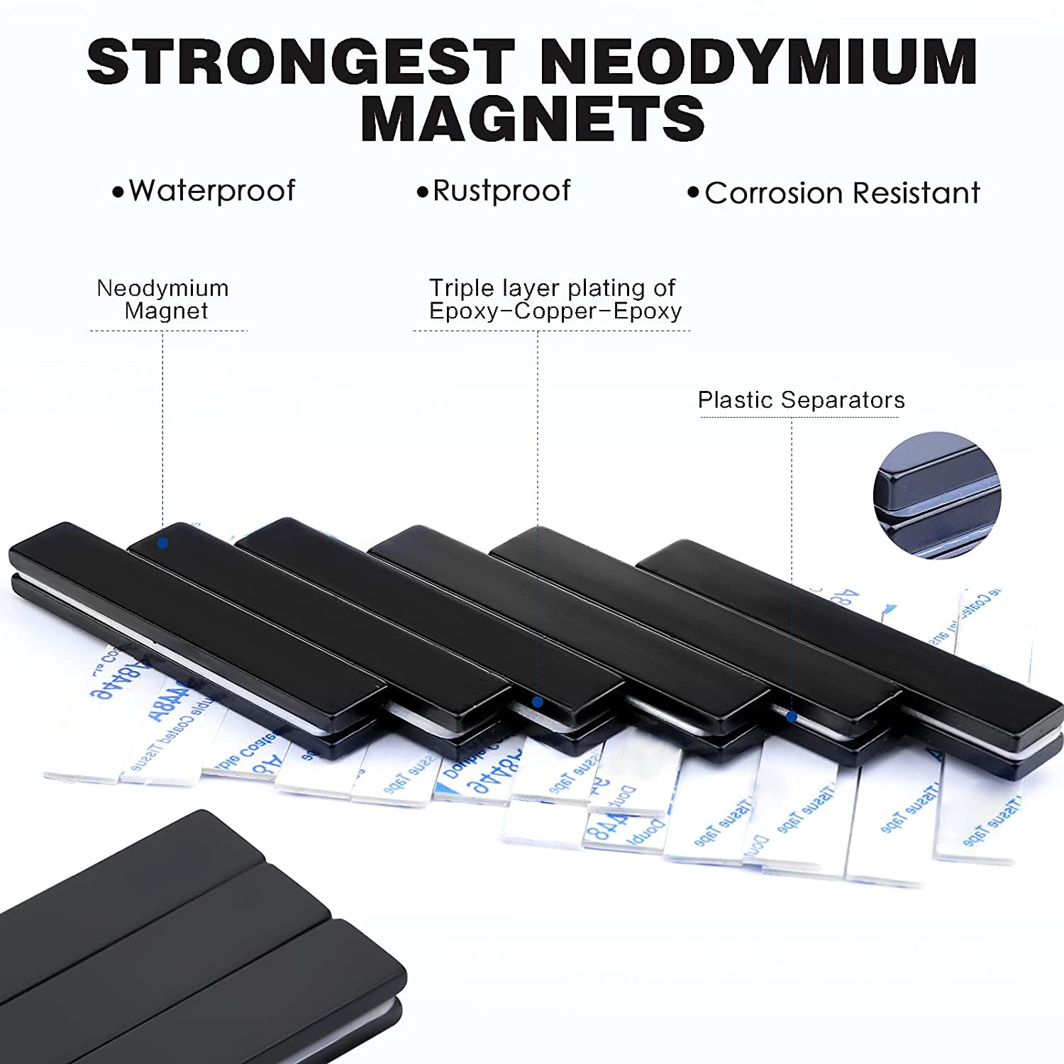 Waterproof Sturdy Neodymium Bar Magnets Powerful Rare Earth Magnets with Epoxy Coating and Double-Sided Adhesive for Shower Door