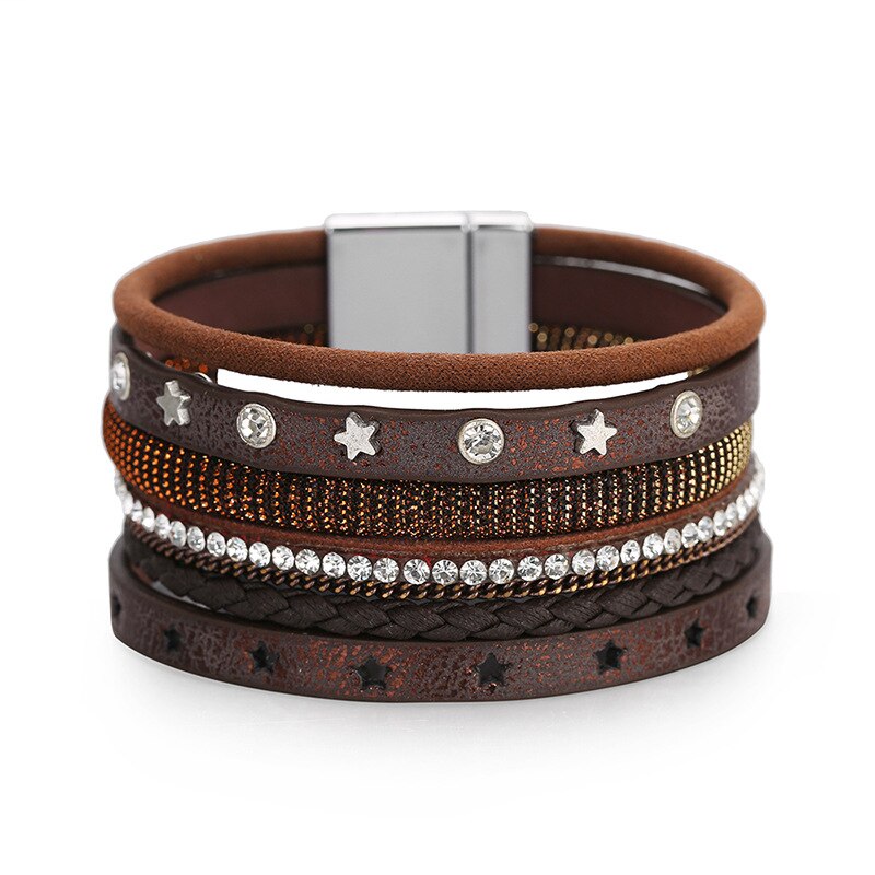 Kirykle Rhinestone Star Charm Leather Bracelets for Women Boho Multilayer Punk Rivet Wide Wrap Bracelet Female Jewelry: KR1188-2