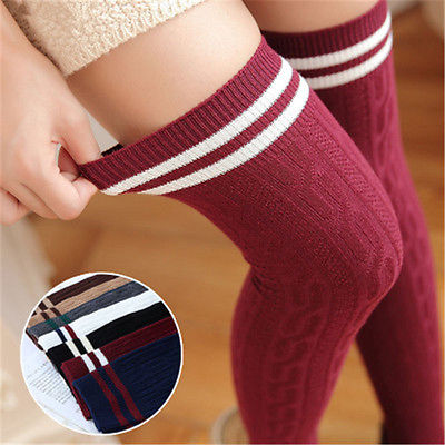Vrouwen Knit Katoen Over De Knie Lange Gestreepte Dij Hoge Sokken Voor Student Herfst Winter Sokken