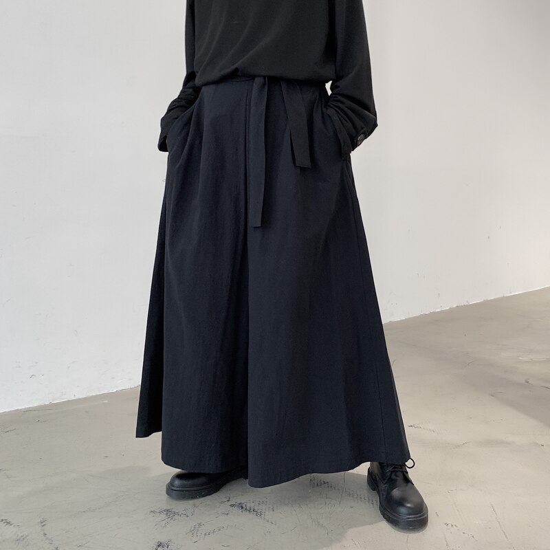 Pantalon Kimono noir pour hommes et femmes, Streetwear, Style japonais, ample, jupe à jambes larges, ruban gothique, Hip Hop Punk, Harem, collection décontracté: L