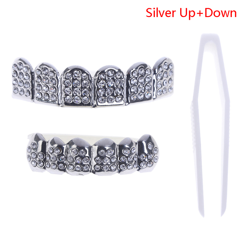1 pçs/1 conjunto de moda dentes topo inferior decoração masculino feminino jóias à moda e luxo presente idéia para amigos dentes diamante jóias: silver 3