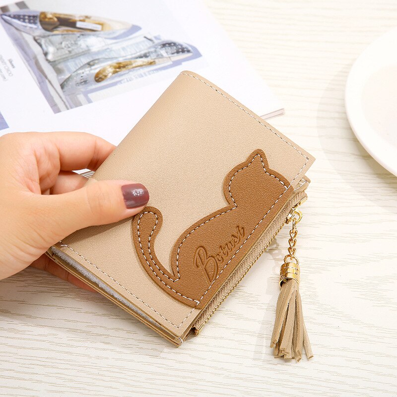 Multi-Card Portefeuilles Voor Vrouwen Korte Leuke Kat Portemonnee Student Tas Verse En Zoete Rits Portemonnee Pu Leer portemonnee: Beige