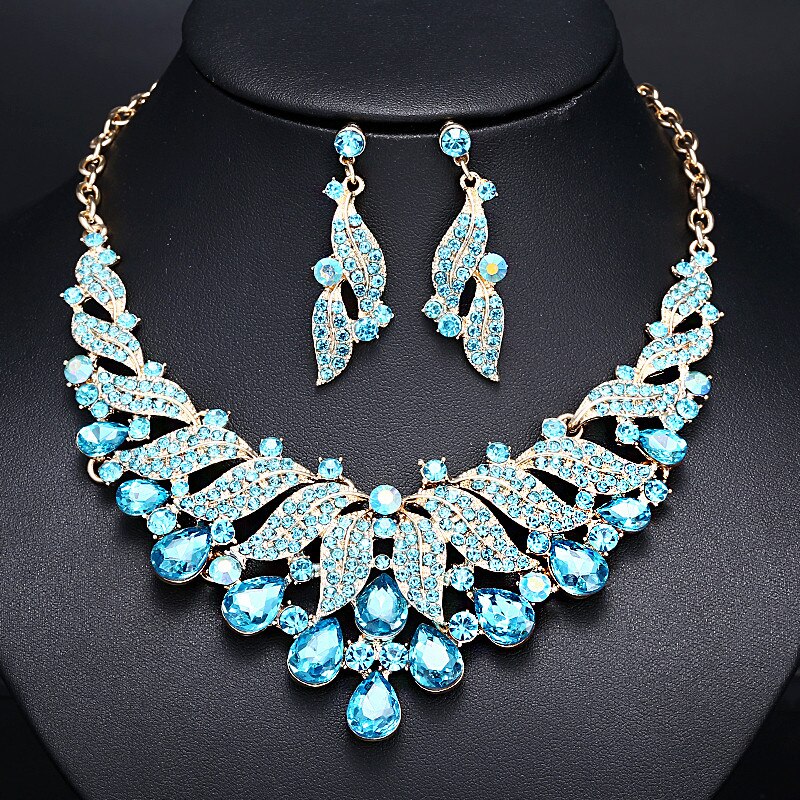 Luxury Leaf Shape Rhinestone Crystal Alloy Necklace Earrings Jewelry Set For Bride Bridal Wedding Party Statement Accessories: Blue