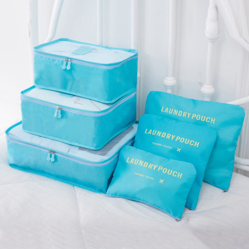 6 st/set bagageförpackningsorganisatörset resenätväska i väska bagageorganisatör förpackning kosmetikapåsorganisatör för kläder: Himmelsblå