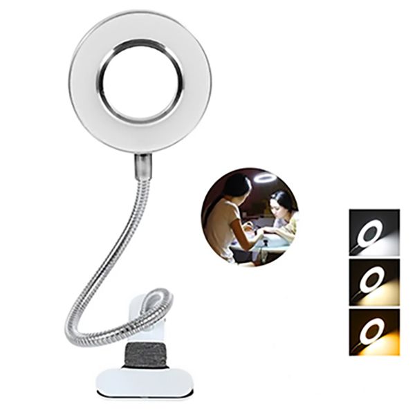 10-fache Clip-an-Schreibtischlampe, LED-Lupe mit Lampe, Nagelstudio, Sticklampe, tragbare Augenschutzlampe, Schwarz, Weiß, Silber: Silber