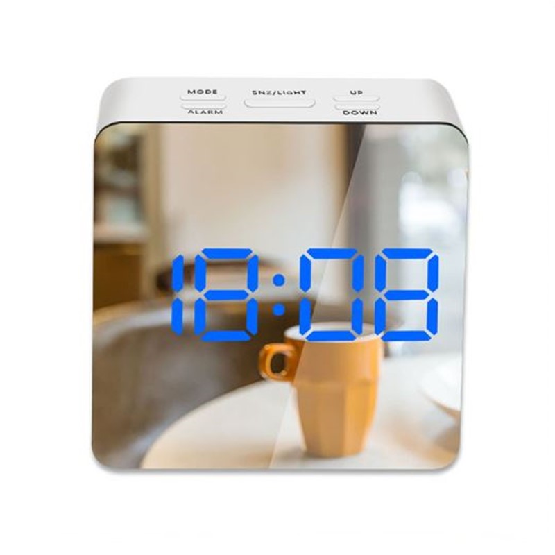 Spejl vækkeur digital snooze bordur vågne lys elektronisk tid temperatur display led makeup vækkeur: Firkantet blå