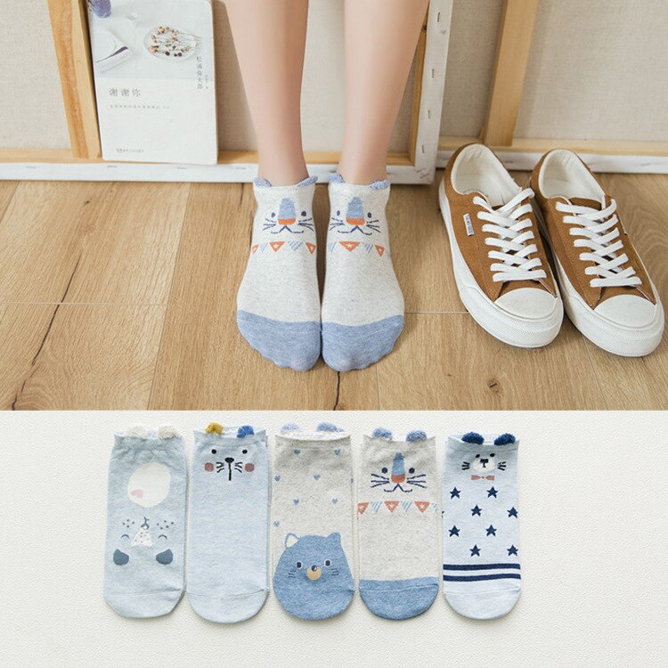 5 par/lot korea sommar tecknat djur kvinnor strumpor kanin katt räv båt strumpor bomull söt kawaii osynliga ankel strumpor: Smt -93-8