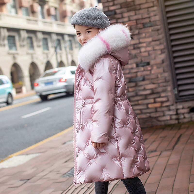 bright color thick down jacket winter jackets girls russian winter coats two-way zipper love embroidery pattern super fur collar