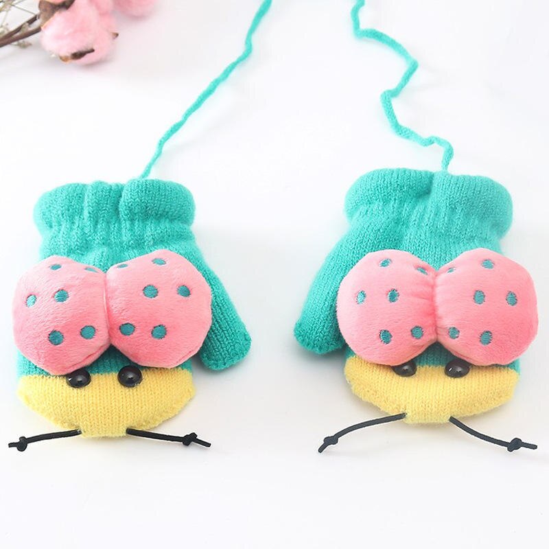 Wecute Forma Dos Desenhos Animados Joaninha Bonito Bebê Infantil Luvas de Inverno Crianças Luvas De Malha Saco Refere-se Ao Pescoço Pendurado Luvas Duplas para 3-6Y: green