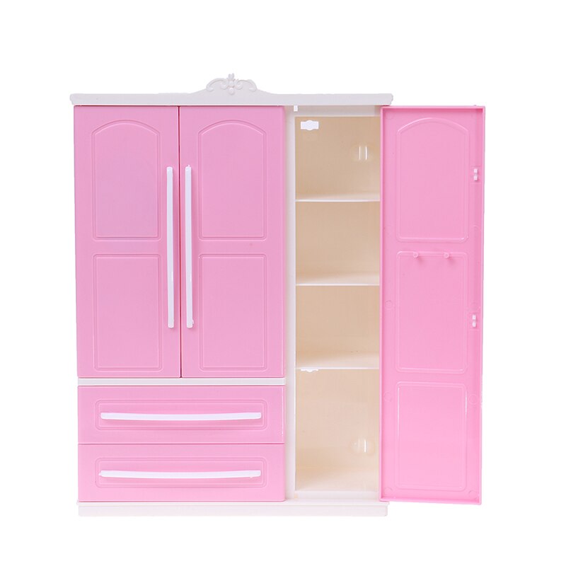 Three-door Pink Modern Wardrobe for Dolls Furniture Clothes Accessories Toys