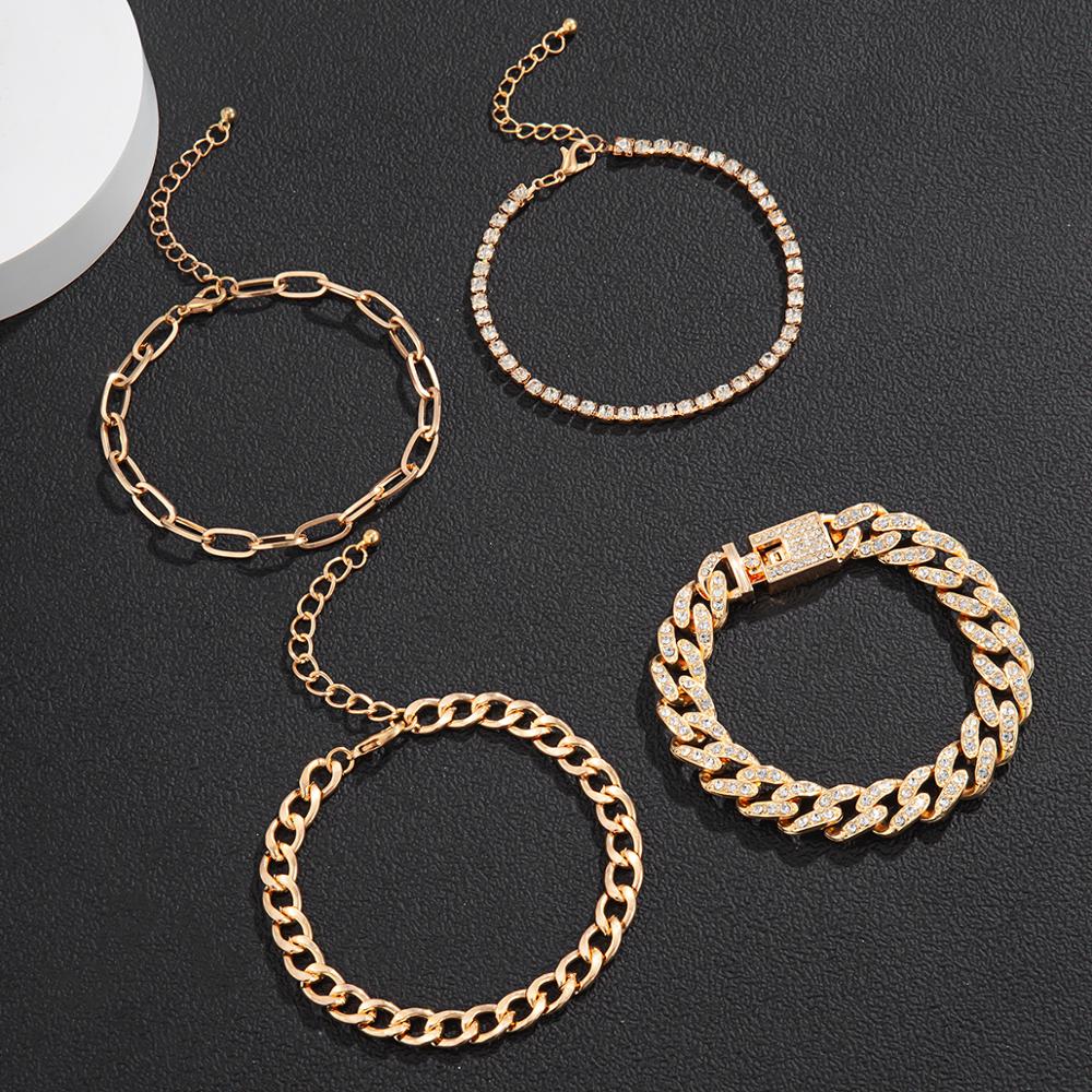 4 Stks/set Luxe Shiny Rhinestone Armbanden Set Bangle Vrouwen Mannen Verstelbare Clear Crystal Chunky Link Charm Armband Hand Sieraden
