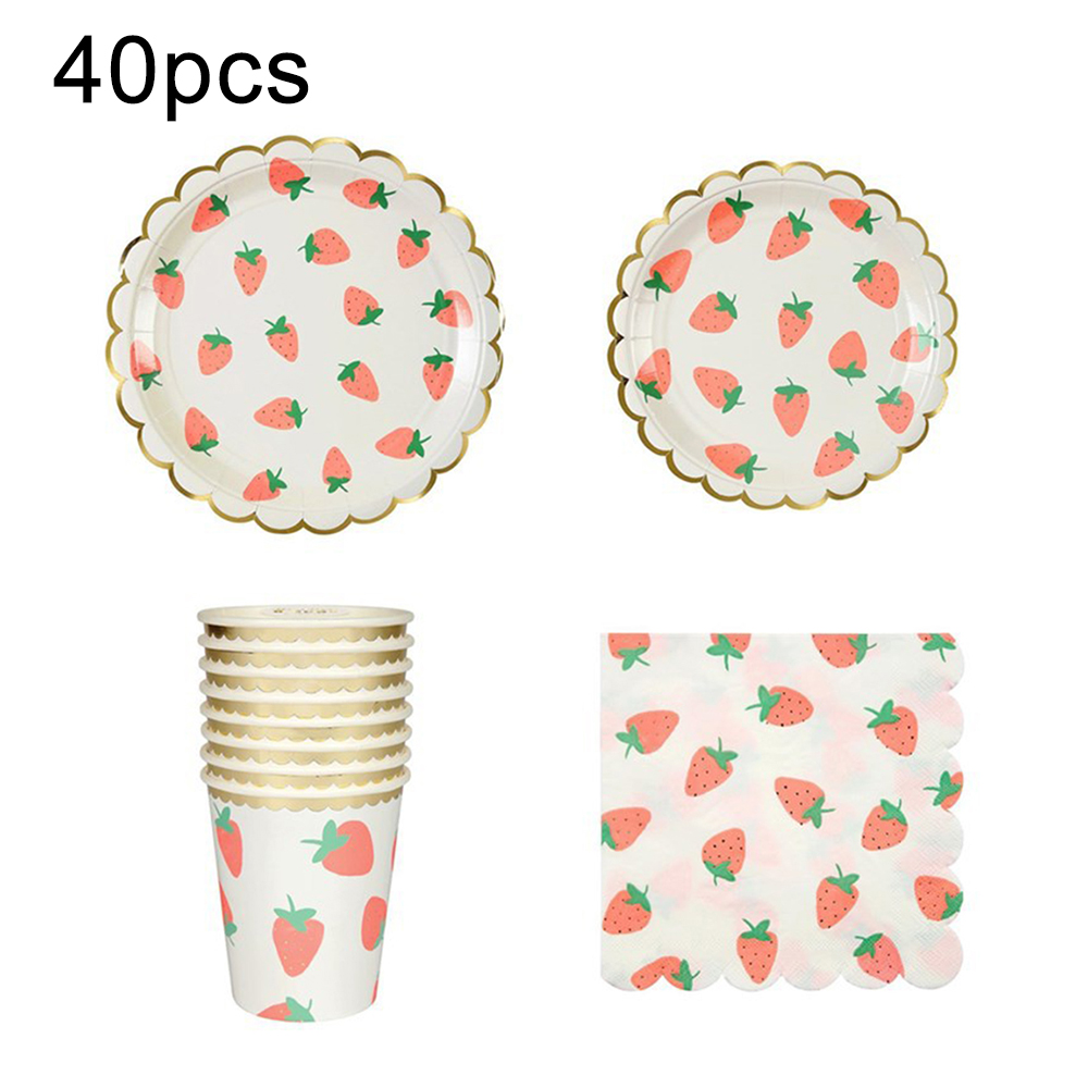 40 Pcs Papier Plaat Wegwerp Servies Set Aardbei Patroon Cups Lade Tissue Voor Bruiloft Verjaardag Decoratie Feestartikelen: Default Title