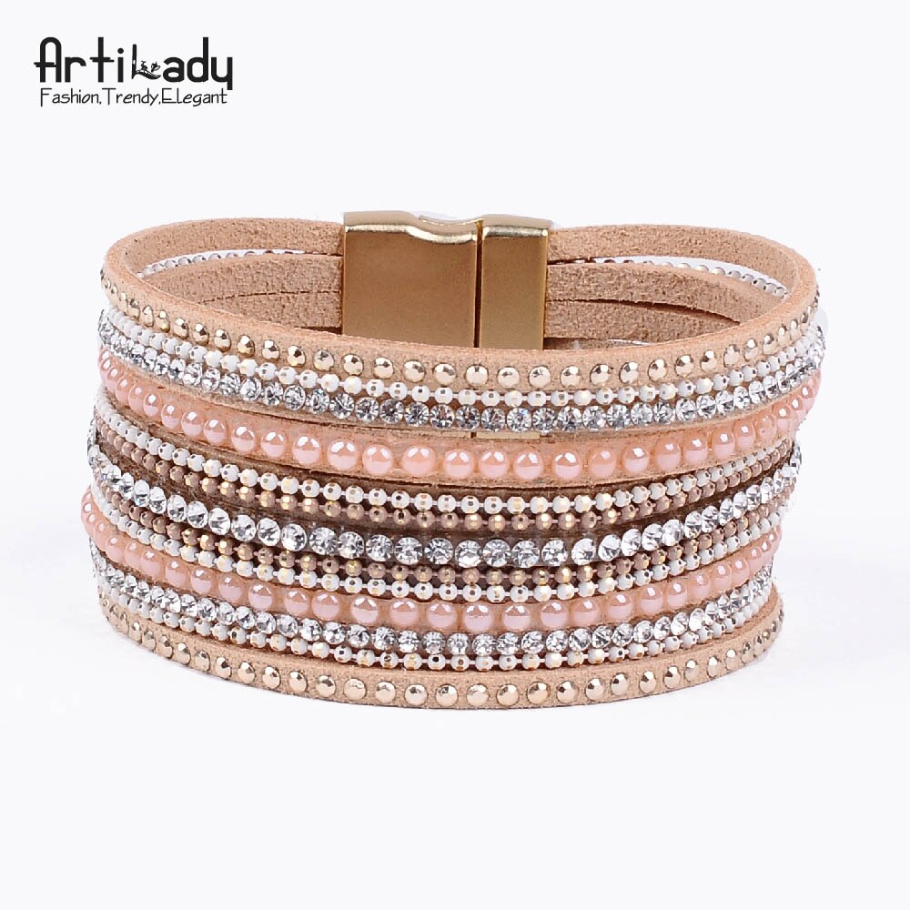 Artilady leder armreifen mit kristall luxus armreifen magnet armband frauen schmuck: light pink
