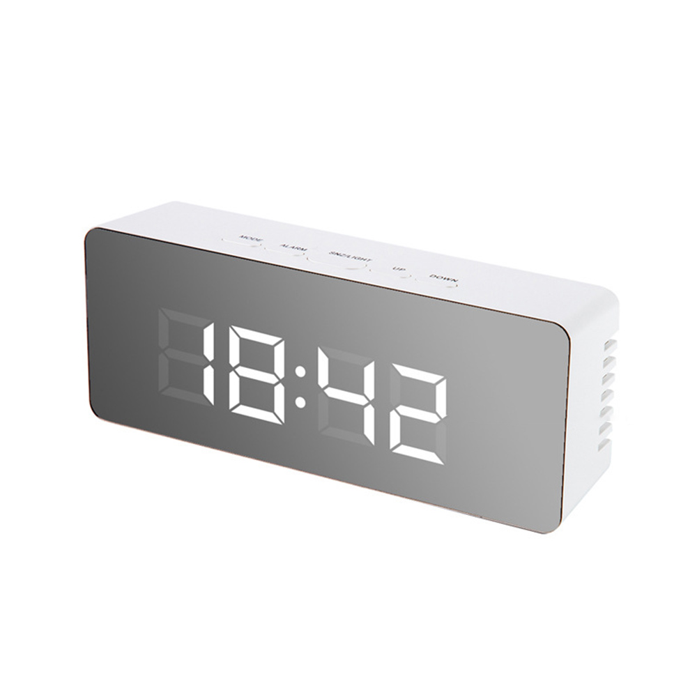 Spiegel Wecker LED Digital Anzeige Elektronische Zeit Temperatur Kalender Tisch Wecker USB Ladung Schüler Schreibtisch Uhren: Weiß 14x5.5x3.4cm