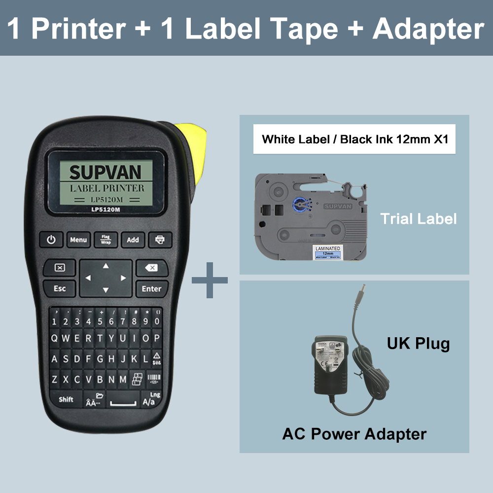 Supvan-máquina de impresión de etiquetas portátil LP5120M, máquina de etiquetas de transferencia térmica, varios idiomas, novedad: LP5120M Adapter UK