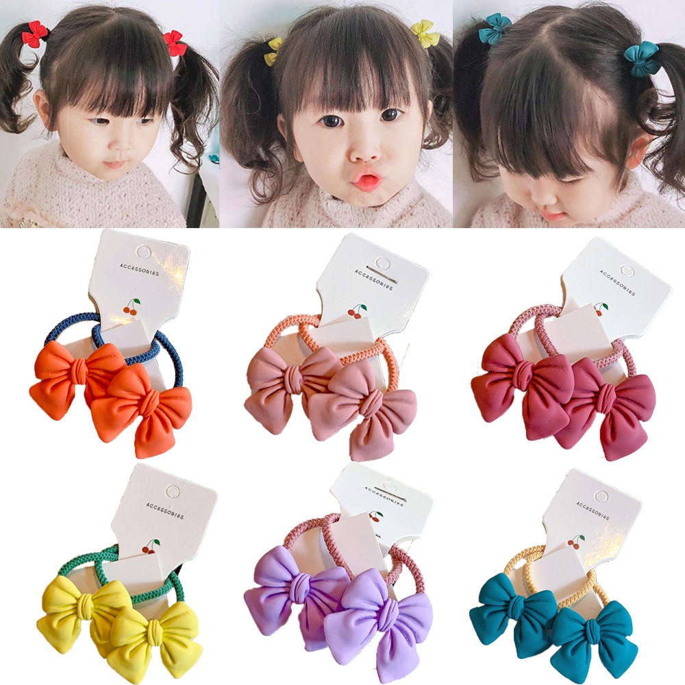 2Pcs Leuke Strik Elastische Haar Touw Snoep Kleur Meisjes Leuke Paardenstaart Houder Bow Hair Ties Kinderen Haar Gom Scrunchies