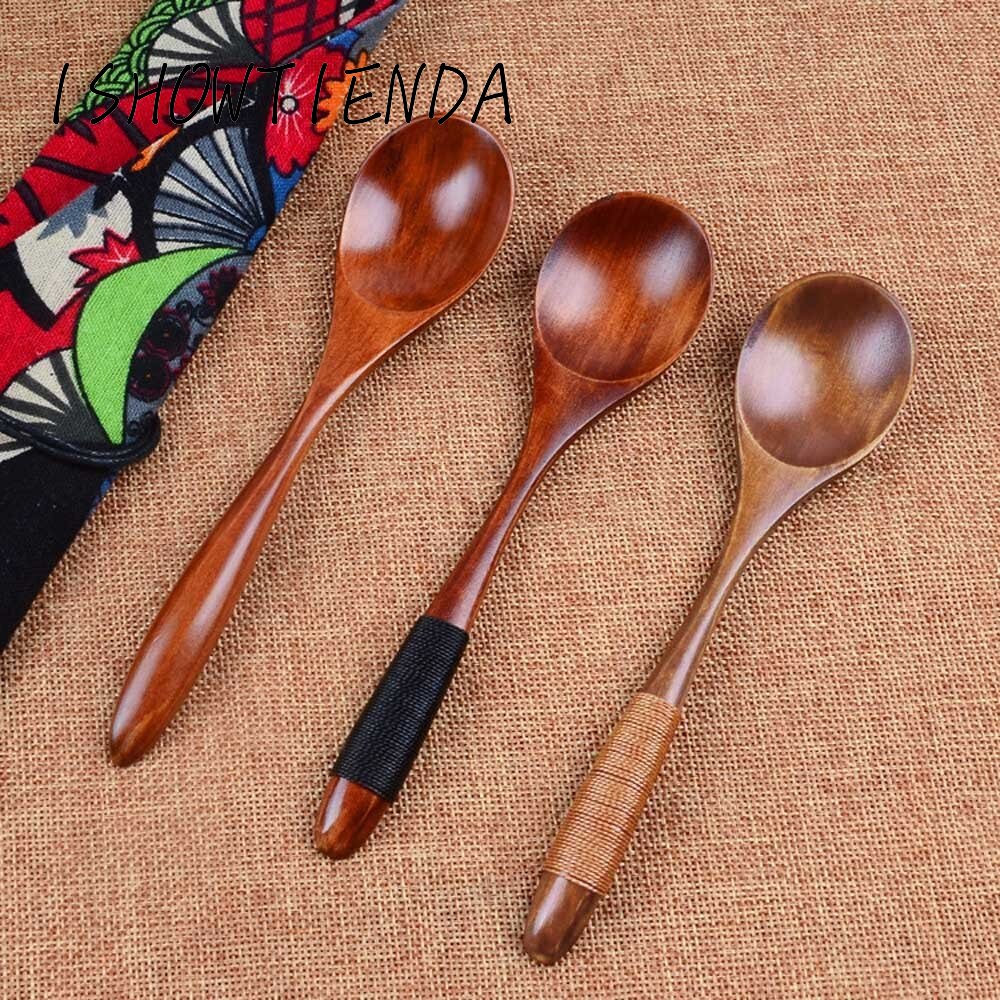 6 piezas de madera sopa cucharas para comer mezclar batir cocina manija larga cuchara cocina sopa crema de avena utensilios de cocina