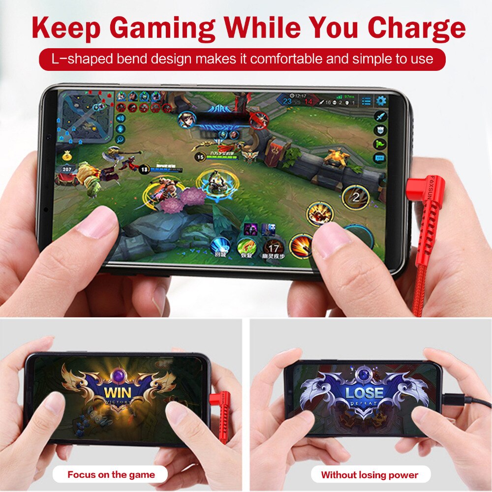 Foxsun Right Angle For Lightning Cable 90 Degree iPhone Charger USB Cable Nylon Braided Fast Speed Data Sync Apple Charging Cord