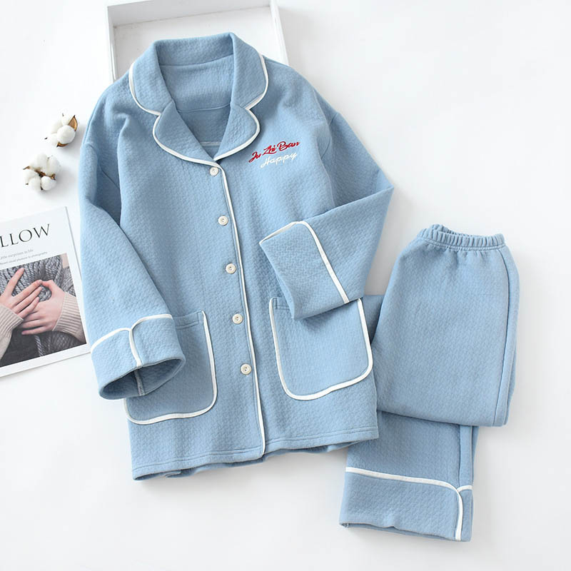 Conjunto de pijamas de algodón para mujer, ropa de dormir cálida de invierno, con bordado de letras, traje de manga larga y pantalones,: Azul / M