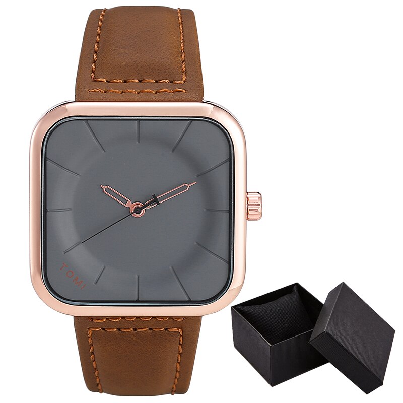 Casual Watch for Men Simple Square Dial Case Men Quartz Wrist Watches Leather Wristwatch Mens Minimalist Black Brown Clock: 02 WITHBOX