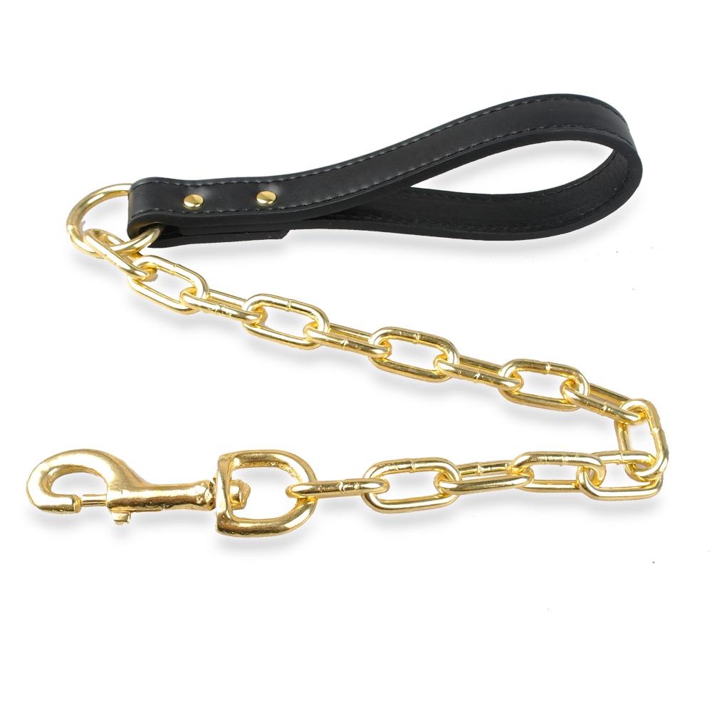 Correa de cadena duradera para perros pequeños y grandes que caminan, correa de arnés de Collar de plomo con asa de cuero, suministros para mascotas de Color dorado: Black Gold Chain