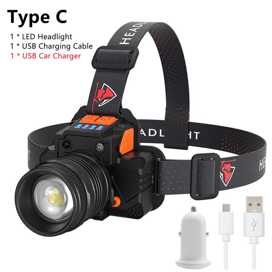 LED Headlamp Rechargeable Headlight 800 Lumen Sensor Waterproof Head Lamp 3 Modes Adjustable Headband Flashlight: Type C